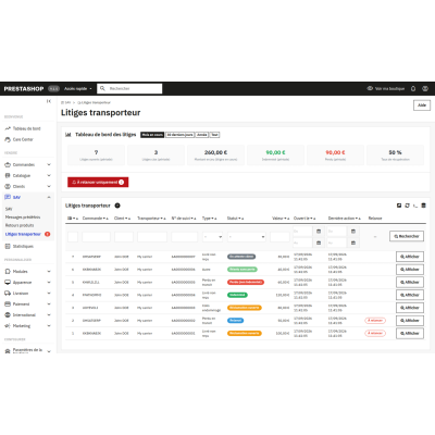 Liste des litiges transporteur et tableau de bord financier dans le back-office PrestaShop