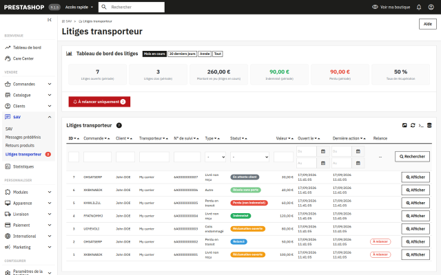 Liste des litiges transporteur et tableau de bord financier dans le back-office PrestaShop