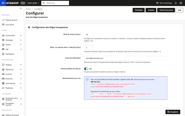 Page de configuration : délai de relance et email du rappel quotidien